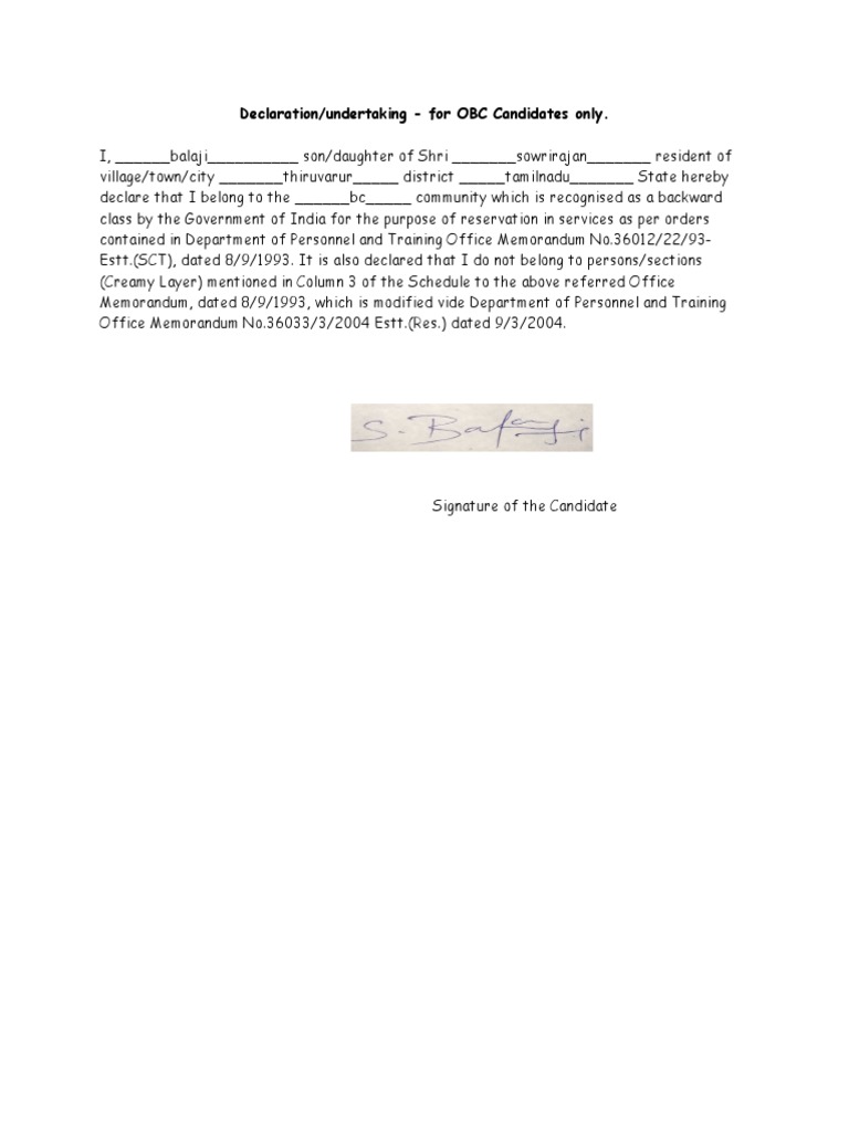 OBC Candidate Declaration Form | PDF