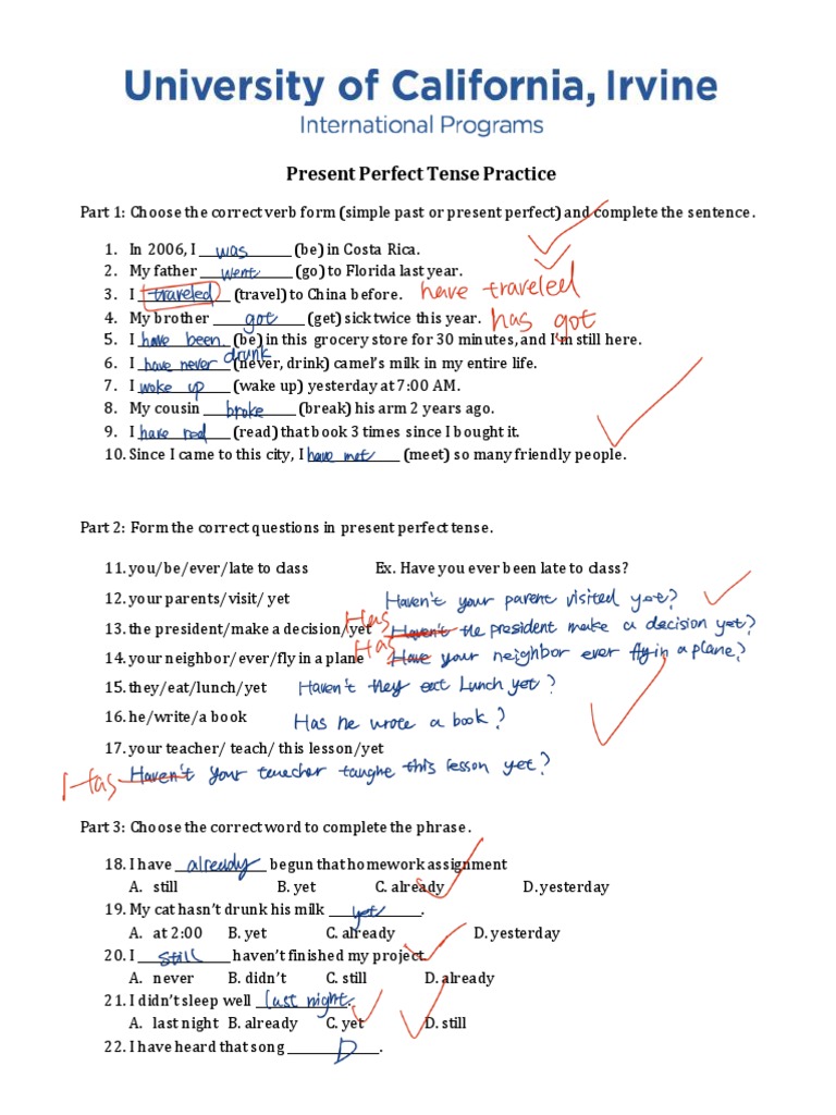 Present Perfect Tense Exercises | PDF | Language Mechanics | Linguistics