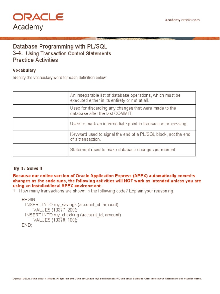 Database Programming With PL/SQL 3-4: Practice Activities: Using ...