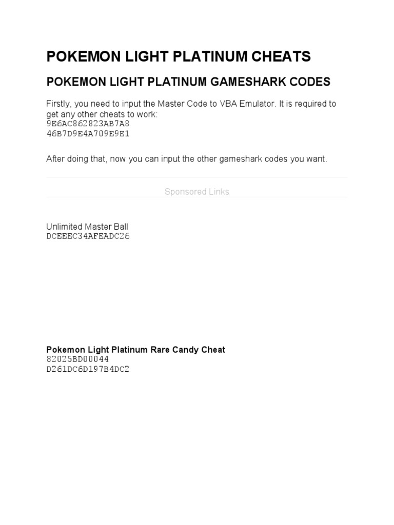 Pokemon Light Platinum Cheats PDF Nintendo Nintendo Franchises