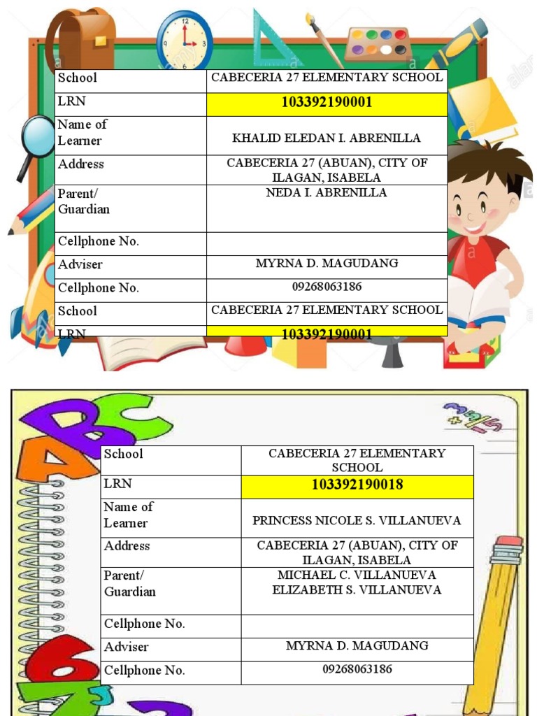 School LRN Name of Learner Address Parent/ Guardian Cellphone No ...