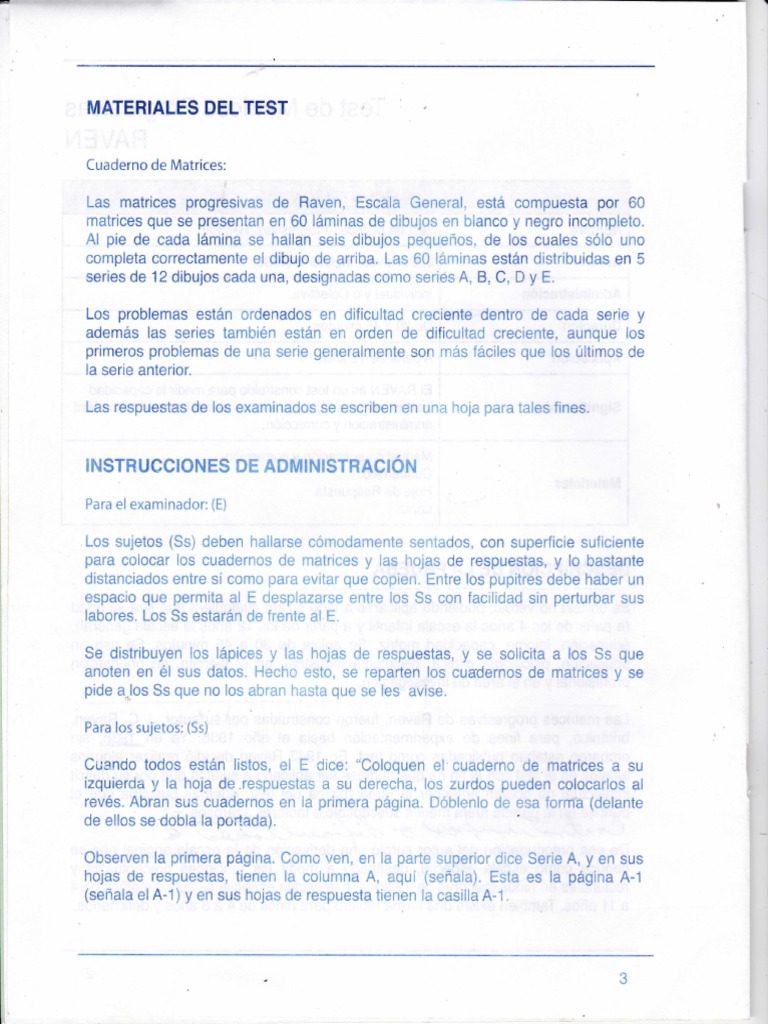 Test de matrices Raven: instrucciones y materiales | PDF