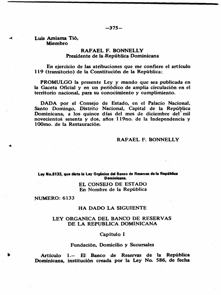Ley Orgánica del Banco de Reservas 6133 | PDF | Bancos | Dinero