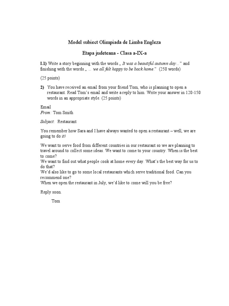 Model Subiect Olimpiada de Limba Engleza Etapa Judeteana Clasa aIXa
