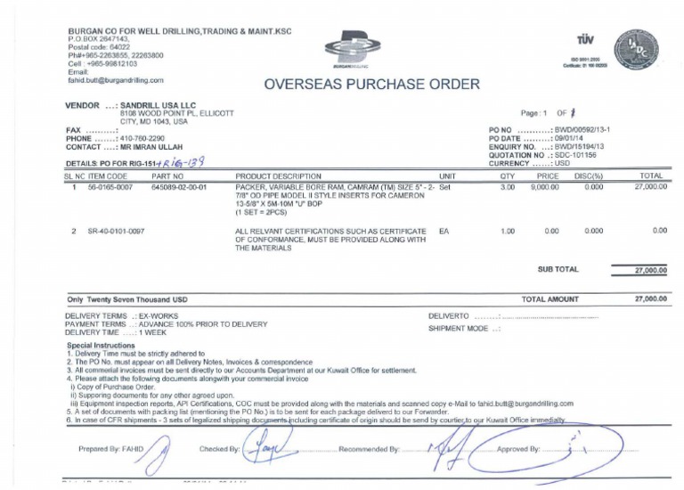 Sandrill Purchase Order Details | PDF | Service Industries | Freight ...