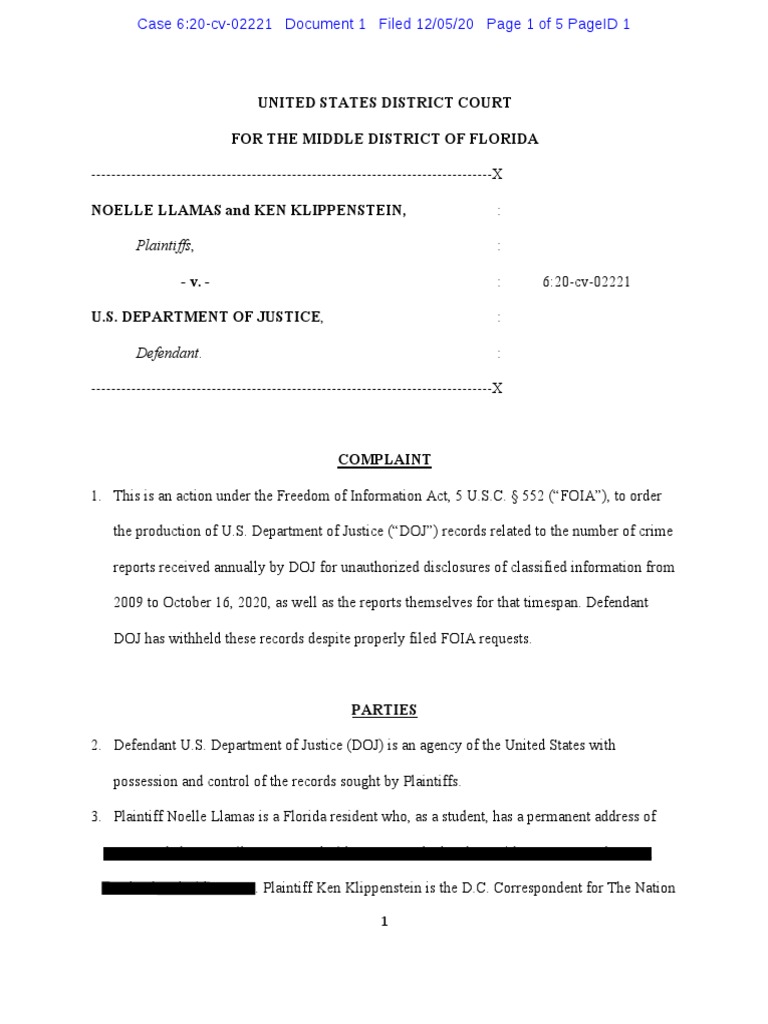 FOIA Complaint Against DOJ for Records | PDF | Freedom Of Information ...