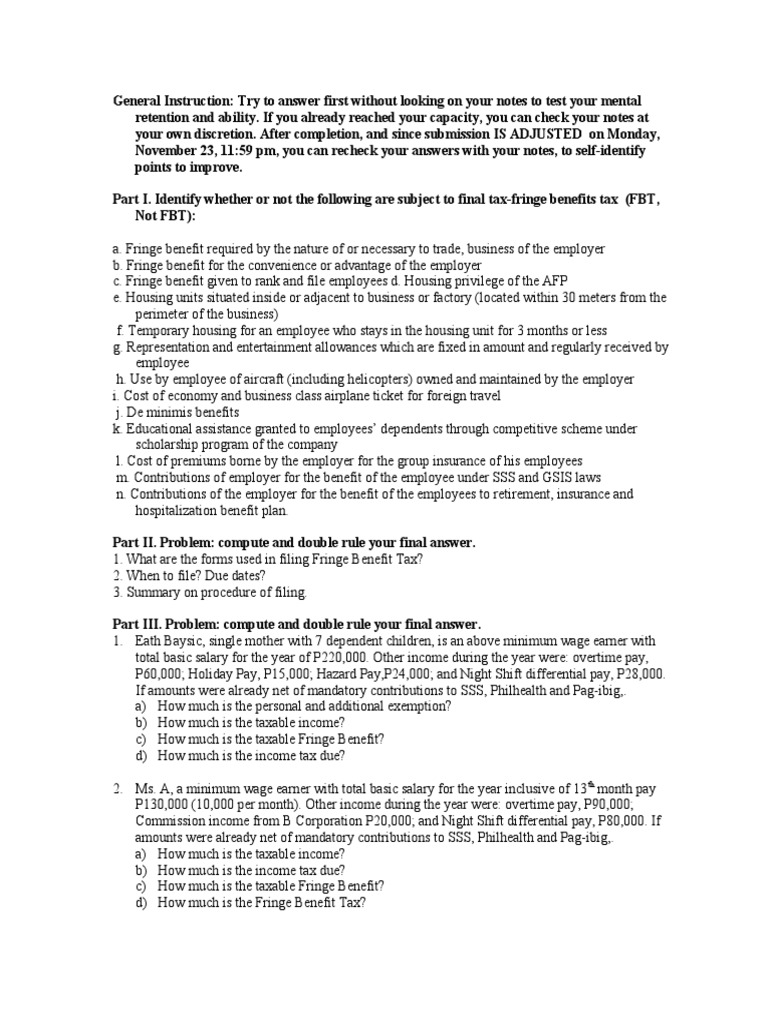 Fringe Benefit Quiz PDF Employee Benefits Taxes