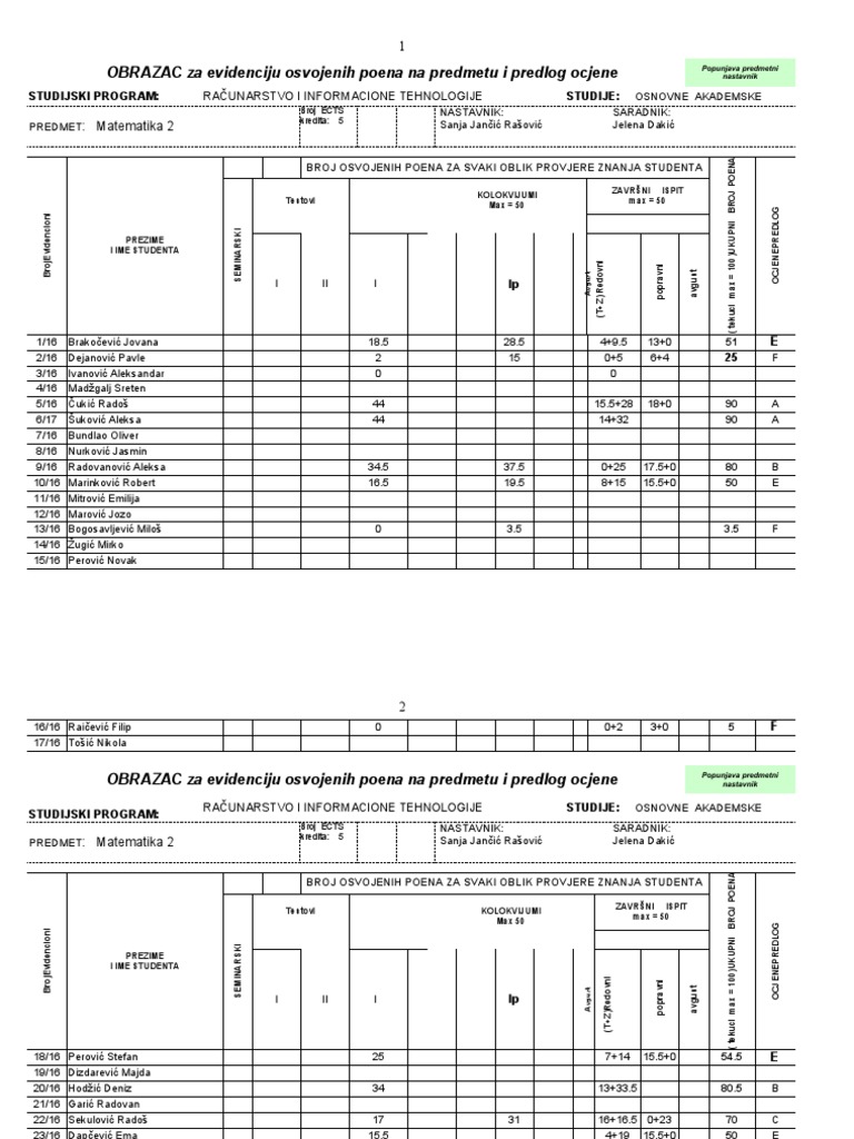 D - Mat2 - Evidencija | PDF