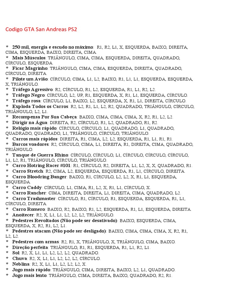 Codigo GTA San Andreas PS3 | PDF | Transporte | Transporte terrestre