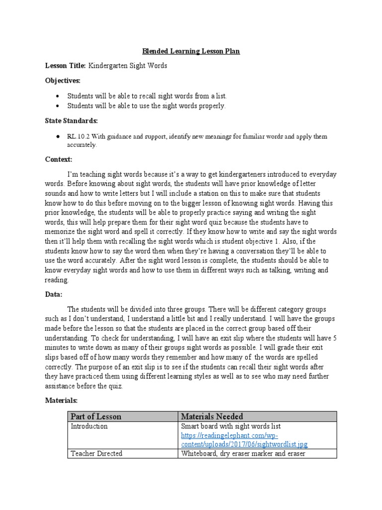 Blended Learning Lesson Plan Lesson Title: Kindergarten Sight Words ...