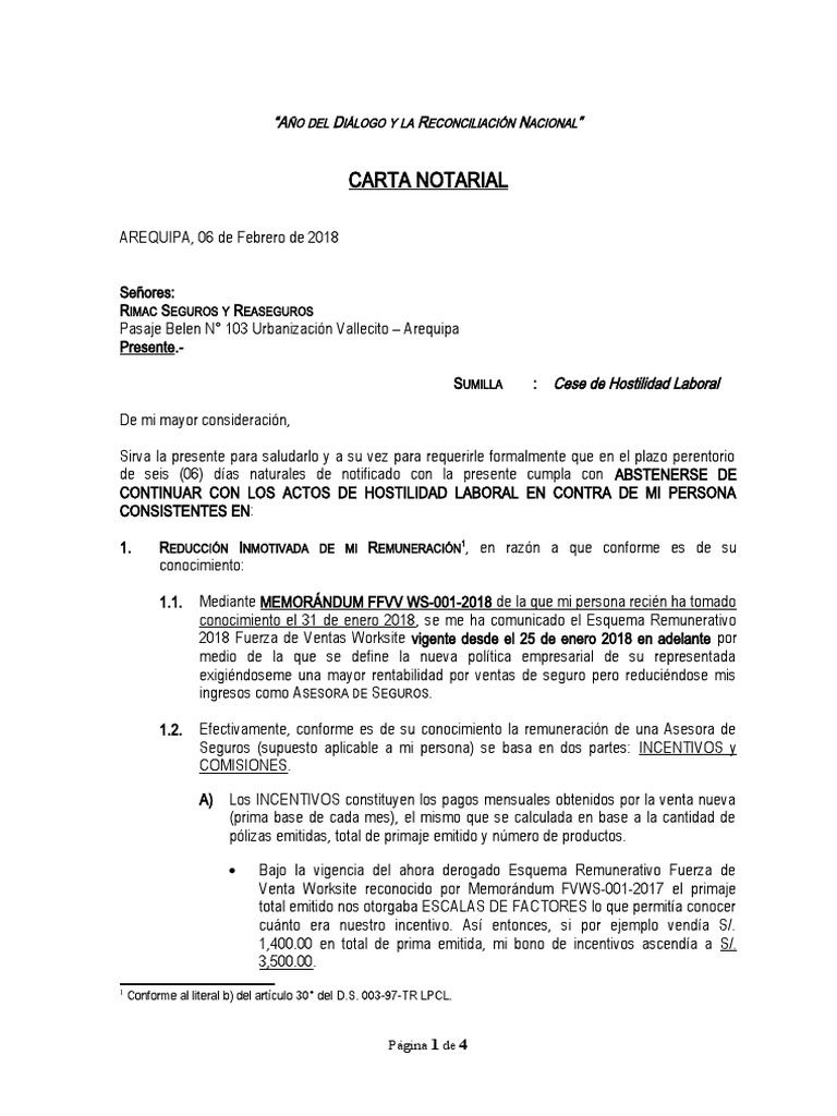 Carta Cese De Hostilidad Laboral Eliana Herrera Alvarez M PDF 