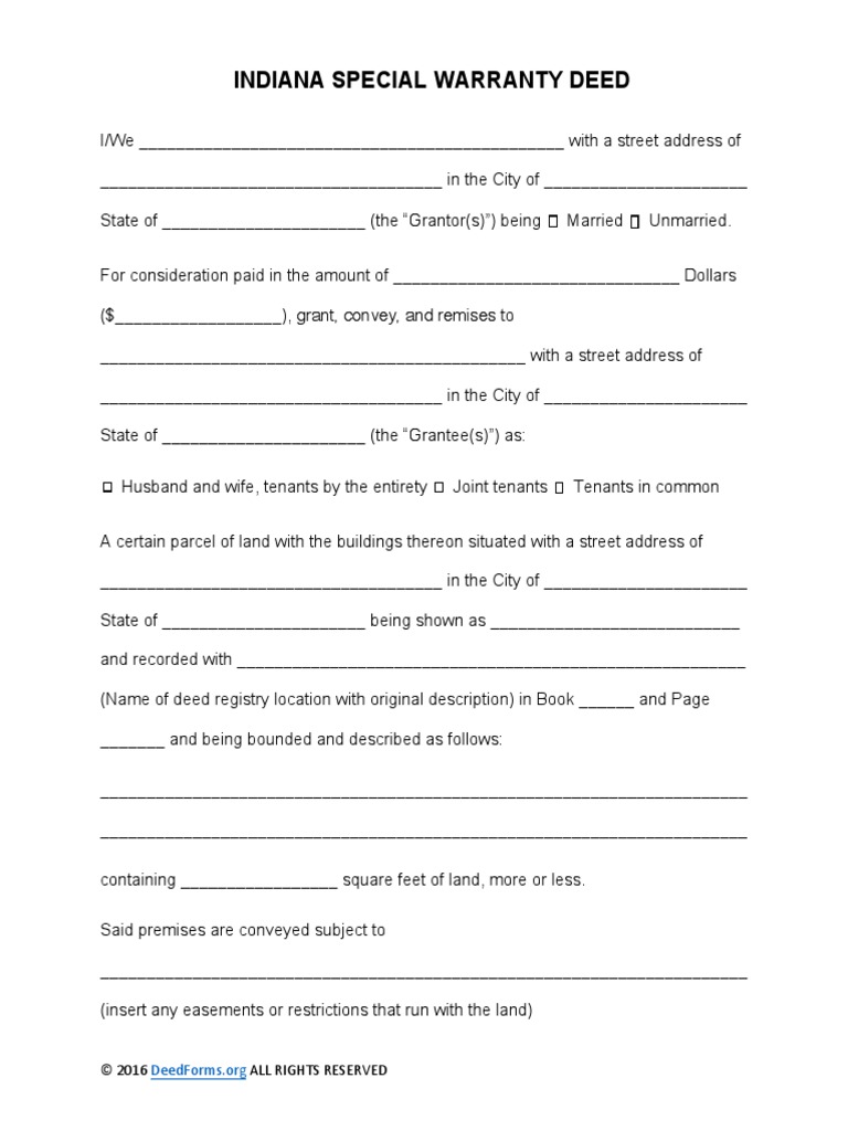 Indiana Special Warranty Deed © 2016 All Rights Reserved PDF Deed