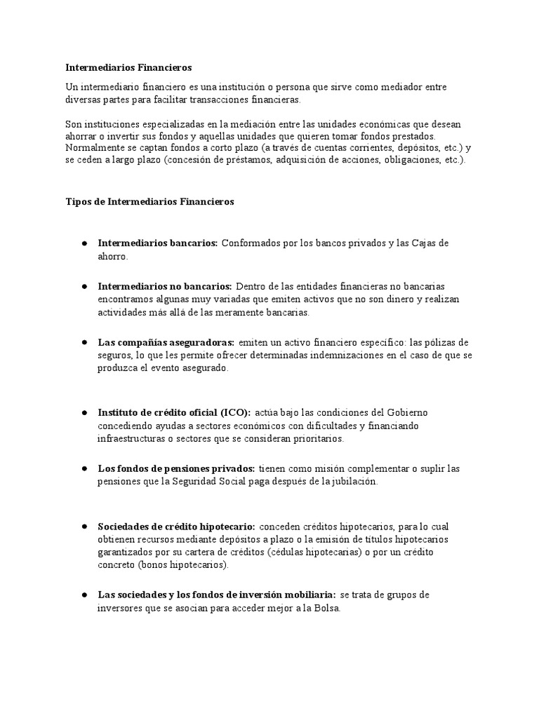Intermediarios Financieros y su Función | PDF | Sistema financiero | Bancos
