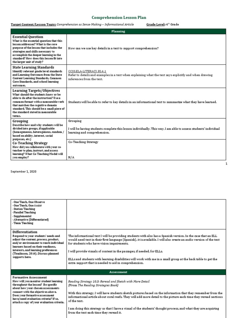 4th Grade Comprehension Lesson Plan | PDF | Reading Comprehension ...