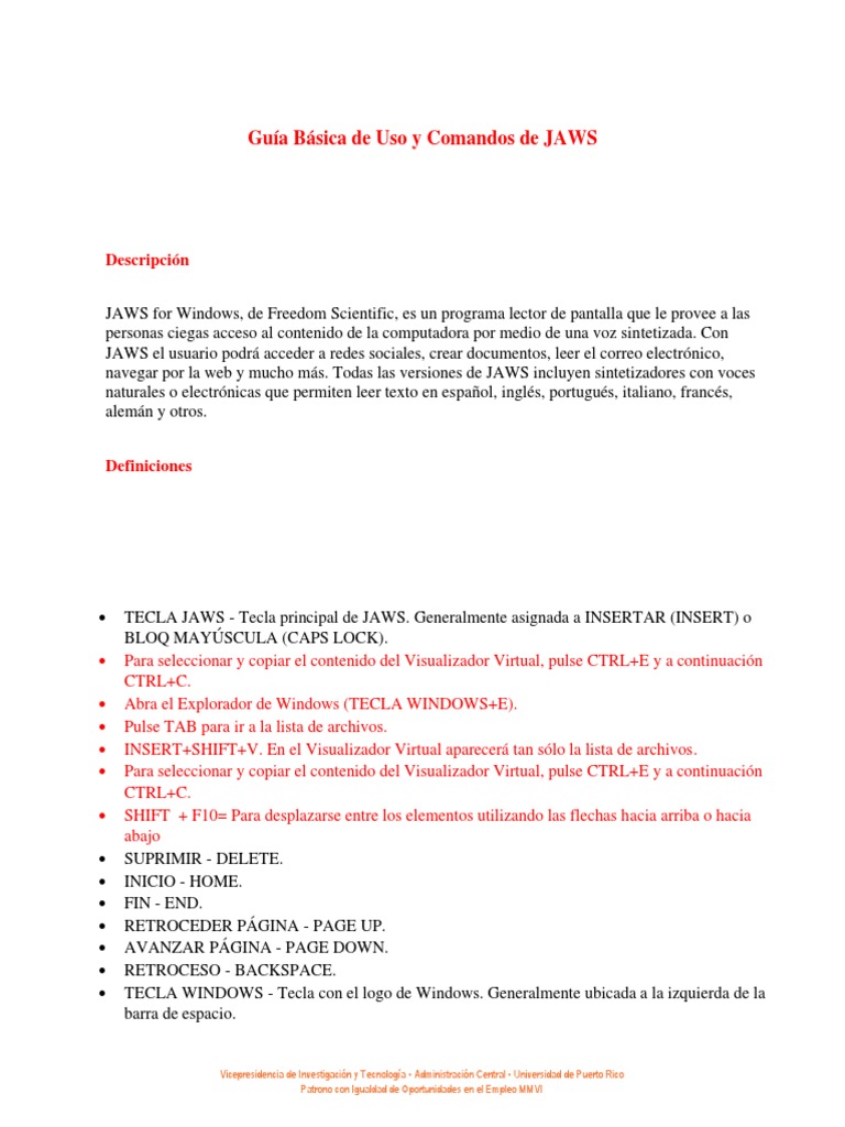Guía de Comandos para JAWS | PDF | Página web | explorador de Internet
