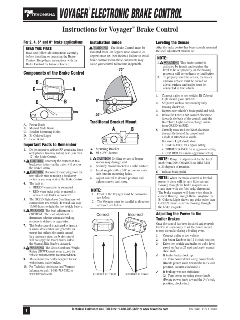 Tekonsha Voyager Manual | PDF | Trailer (Vehicle) | Brake