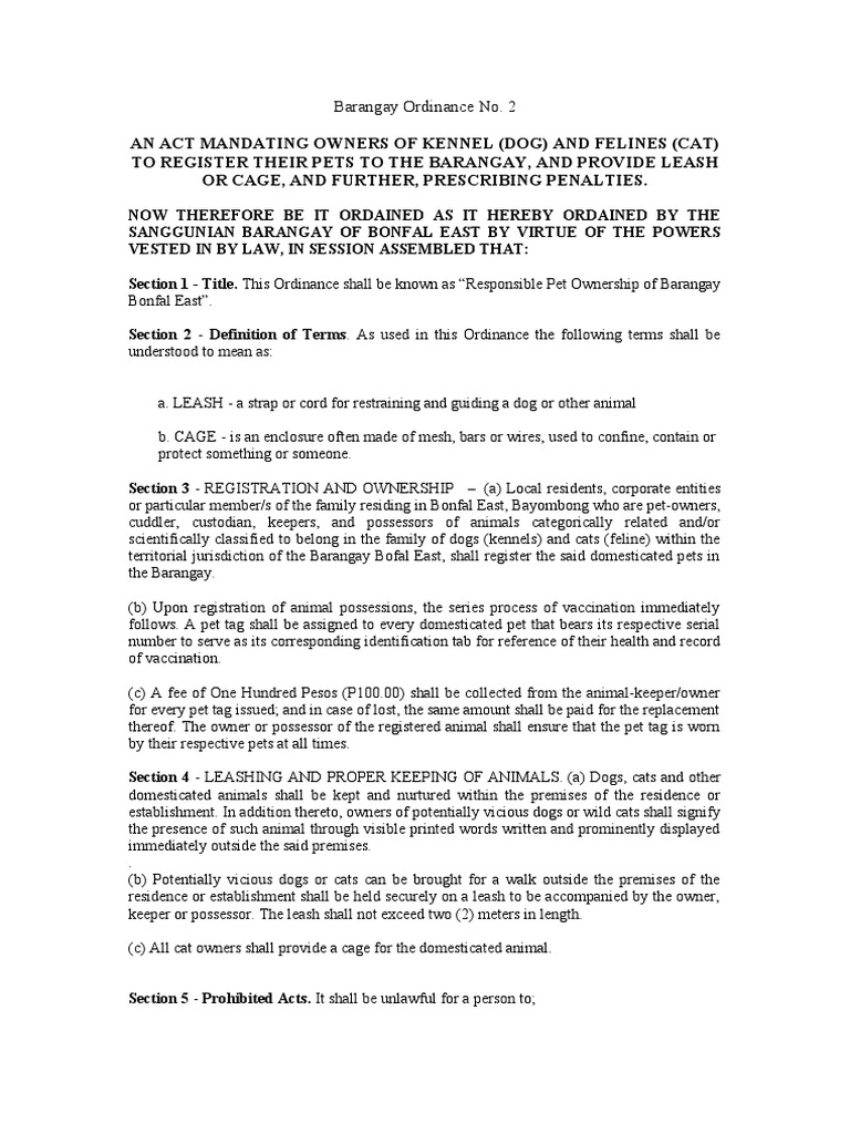 Barangay Ordinance No 2 PDF Leash Pet