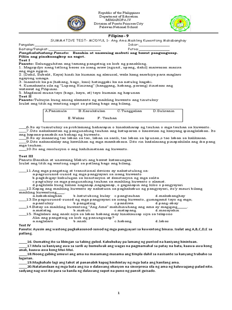 Summative Test For Filipino 9 From Module 1 | PDF