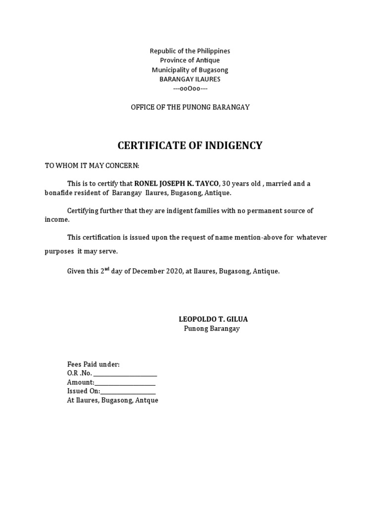 Certificate of Indigency for Tayco | PDF