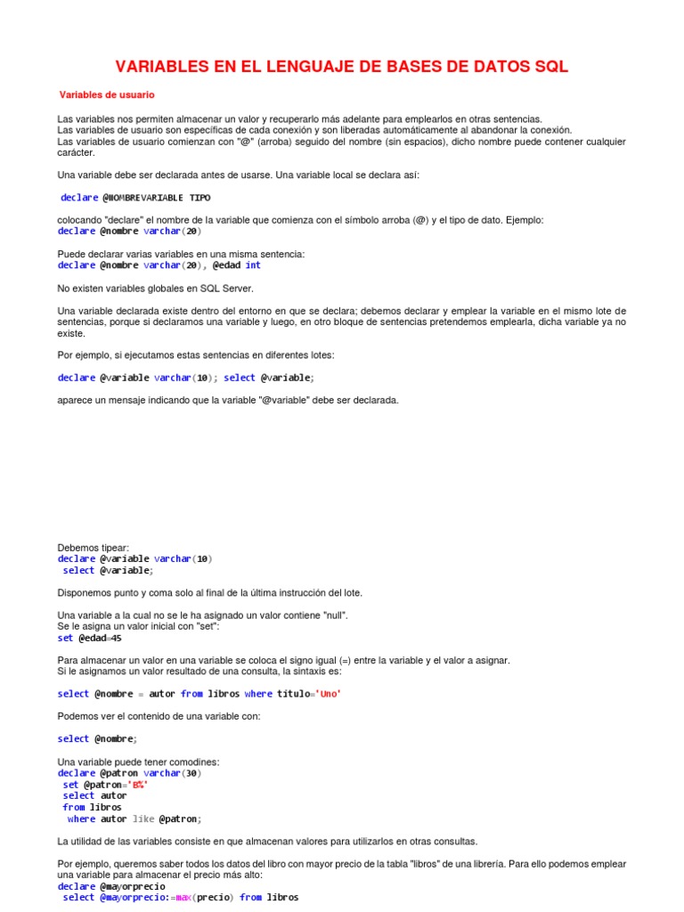Declaración y Uso de Variables en SQL | PDF | SQL | Servidor SQL de ...