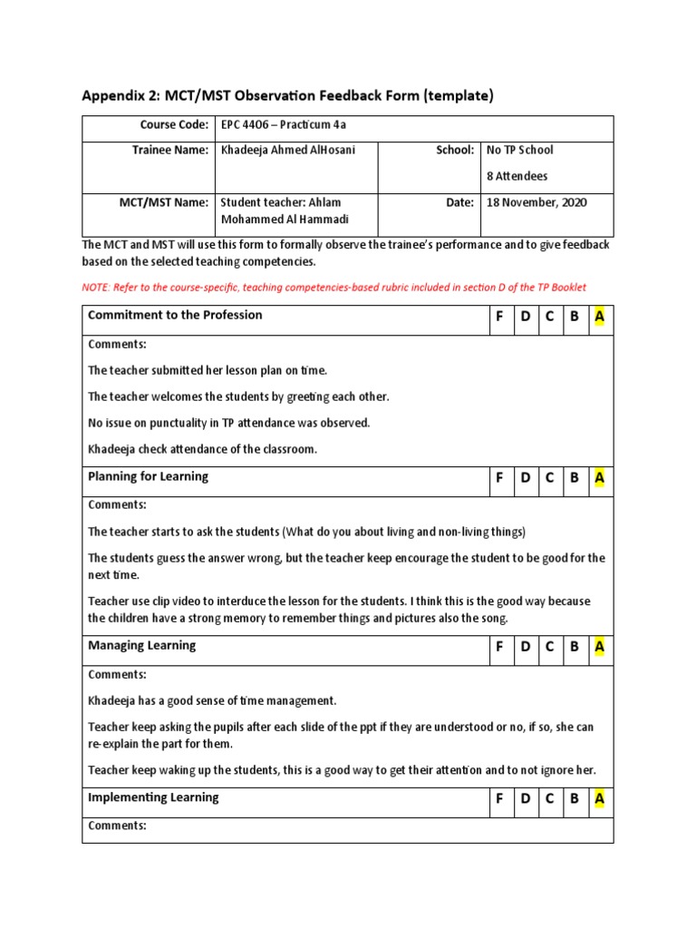 MCT/MST Observation Feedback Form | PDF | Educational Psychology | Teachers