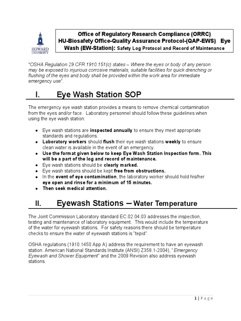 I. Eye Wash Station SOP II. Water Temperature PDF Laboratories