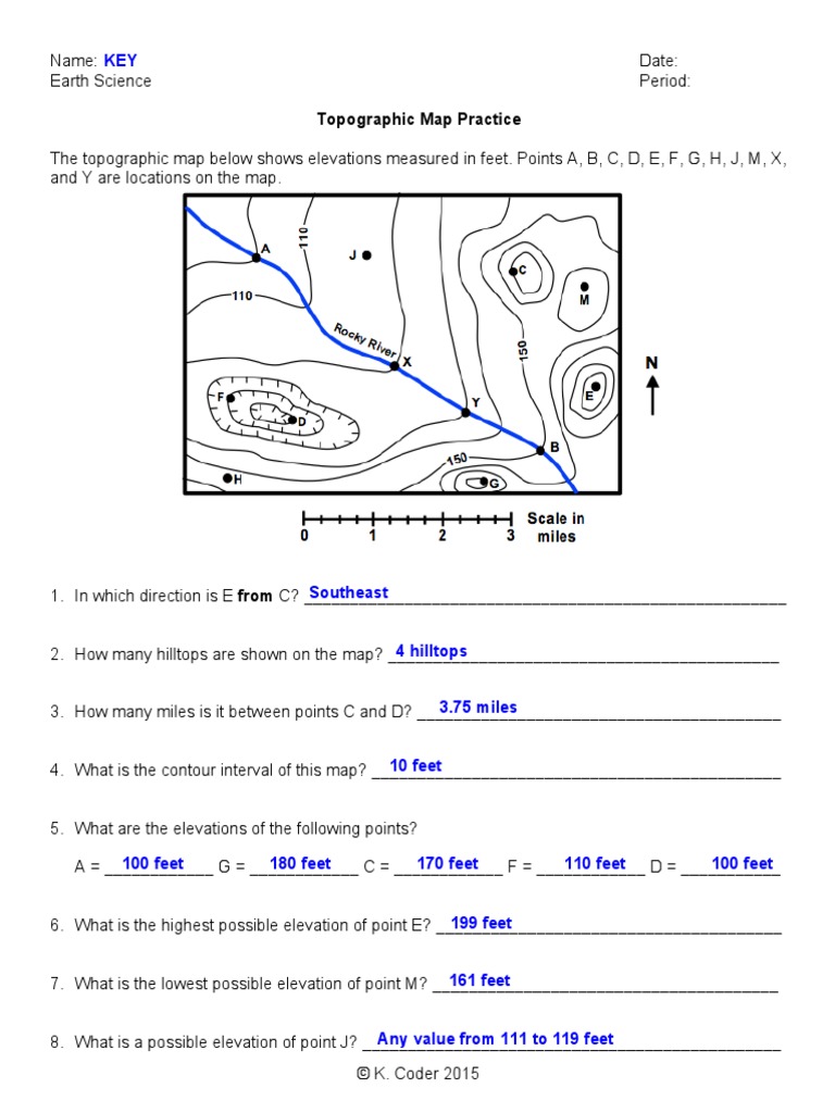 WS Topographic Practice KEY | PDF | Contour Line | Topography