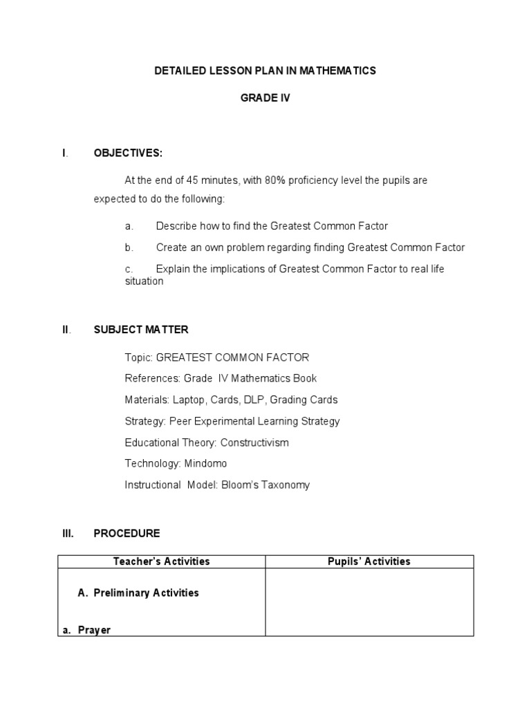 GCF Lesson Plan for Grade 4 Math | PDF | Lesson Plan | Cognition