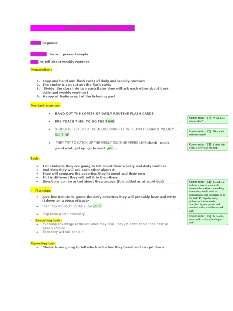 Task Based Lesson Plan: Kommentar (L1) : What Does | PDF