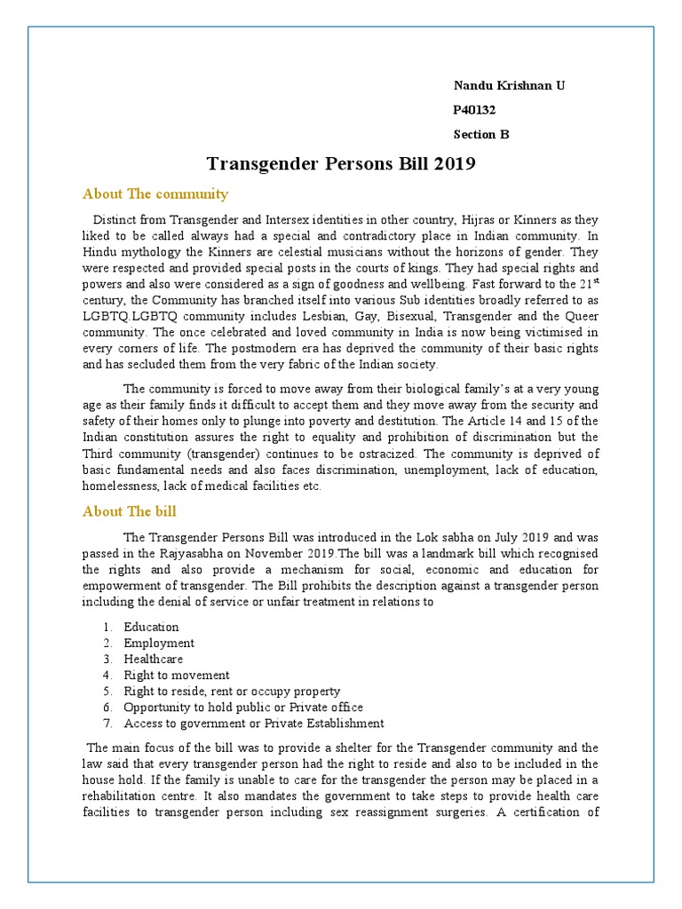 Transgender Persons Bill 2019 Overview | PDF | Transgender | LGBTQIA+ ...
