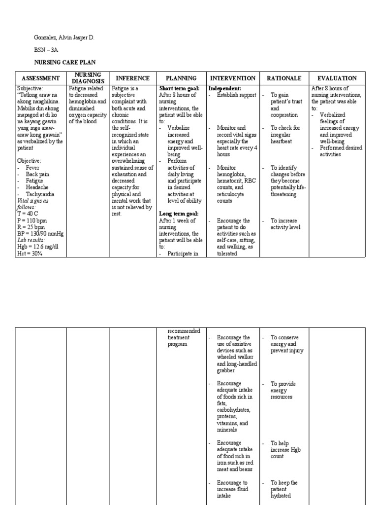 Nursing Care Plan for Fatigue Management | PDF | Red Blood Cell ...