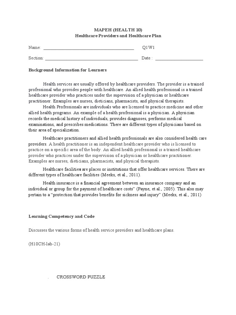 Mapeh (Health 10) Healthcare Providers and Healthcare Plan PDF