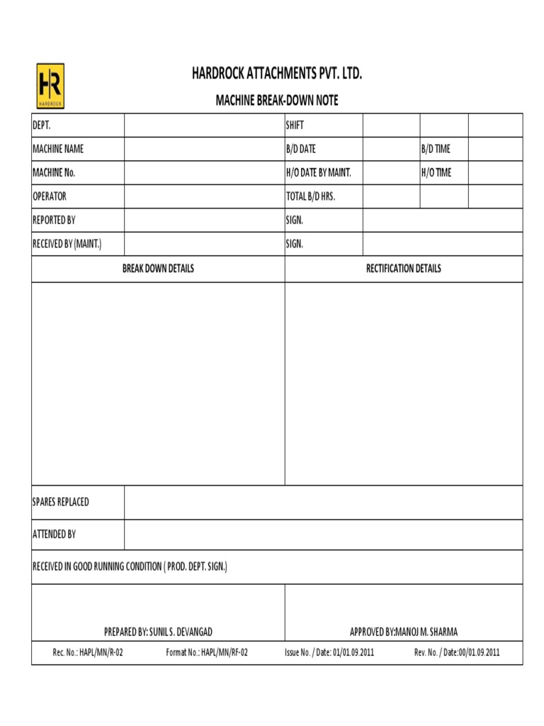 Hardrock Attachments Pvt. LTD.: Machine Break Down Note | PDF