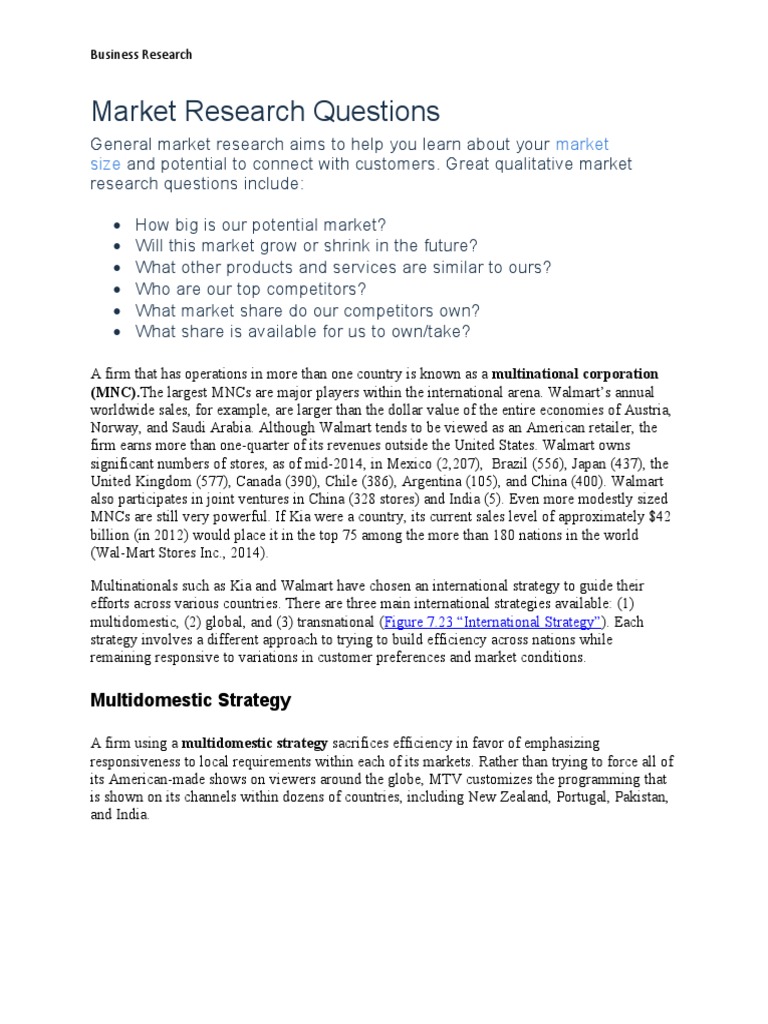 Market Research Questions PDF Walmart Multinational Corporation