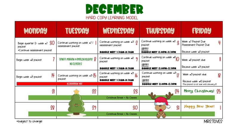 December Learning Schedule and Deadlines | PDF | Christmas