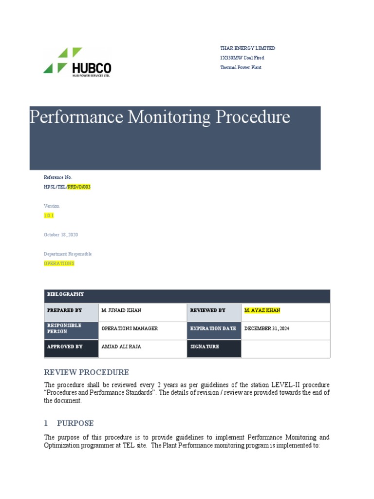 Performance Monitoring Procedure - Final | PDF | Calibration | Boiler