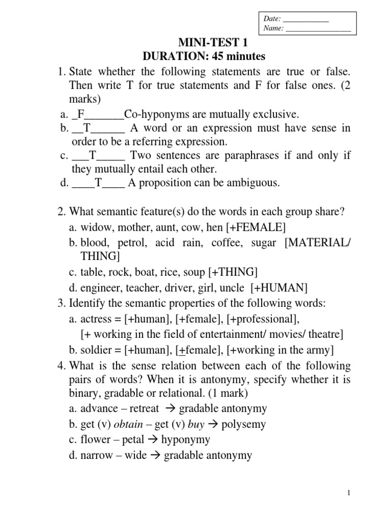 Mini-Test on Semantic Concepts and Relations | PDF | Semantics ...