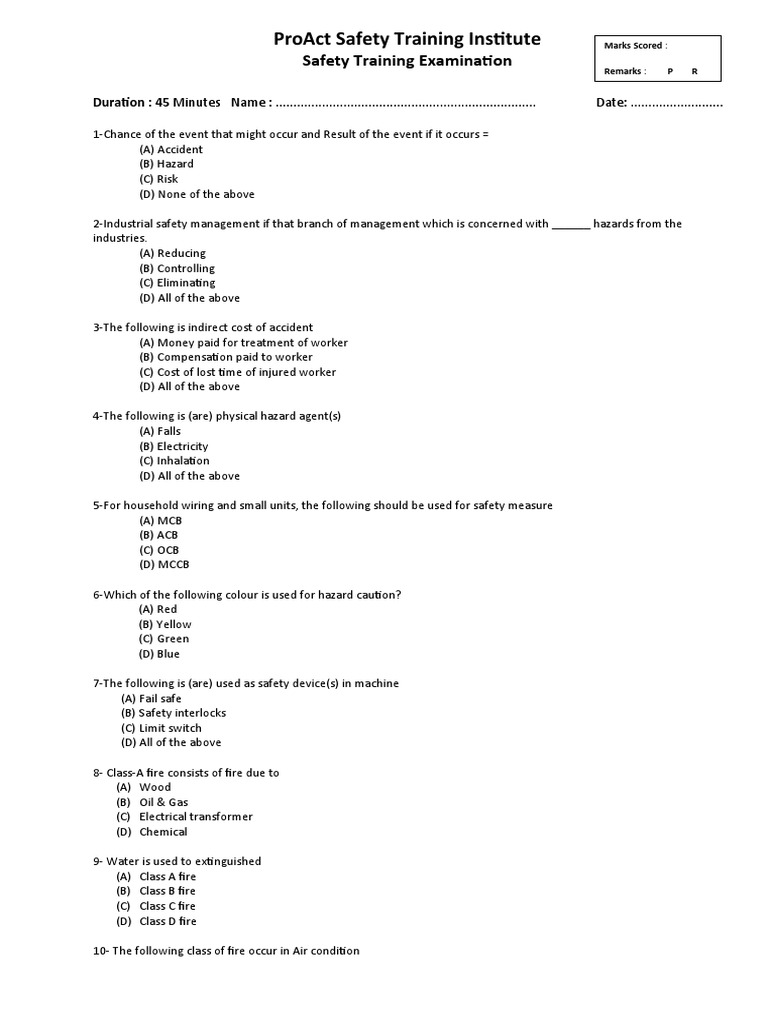 Safety Training Exam Questions & Answers | PDF | Fires | Prevention