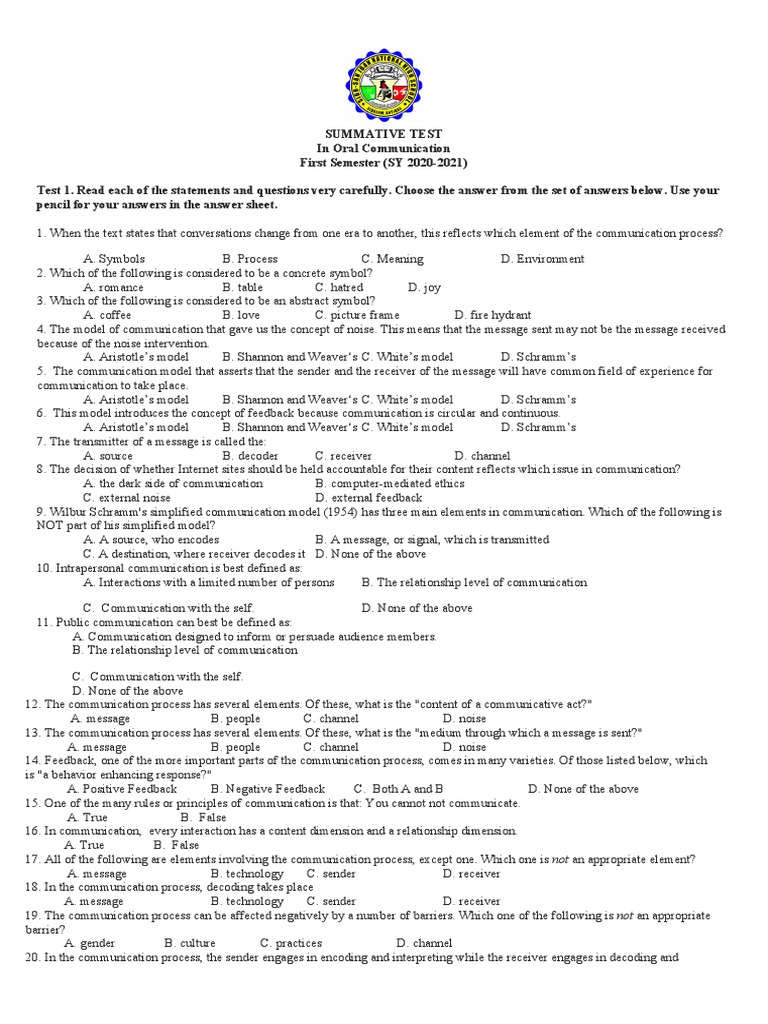 Oral Communication Summative Test | PDF | Nonverbal Communication ...
