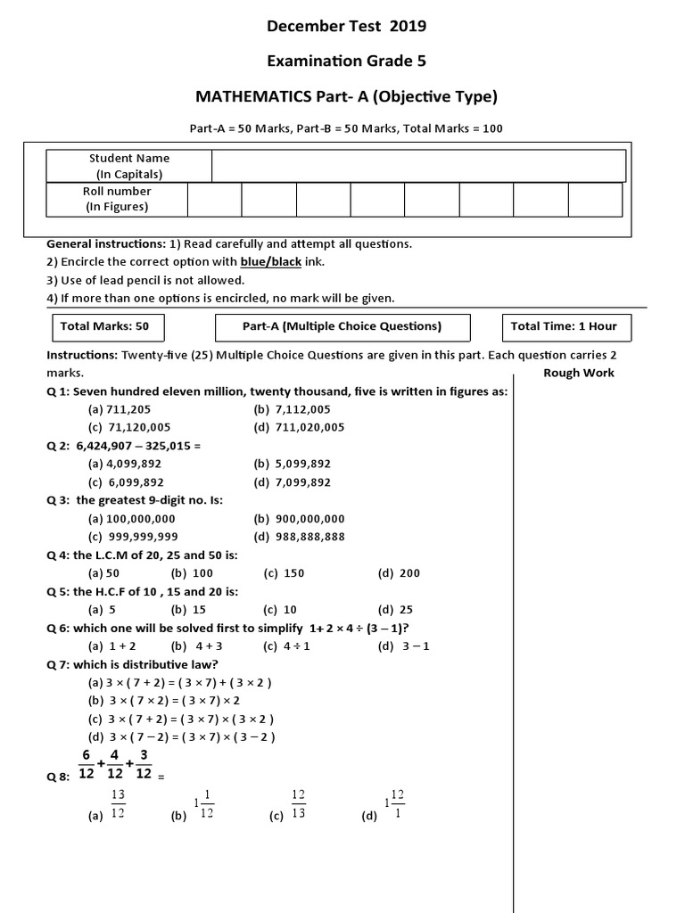 December Test 2019 Examination Grade 5 MATHEMATICS Part-A (Objective ...