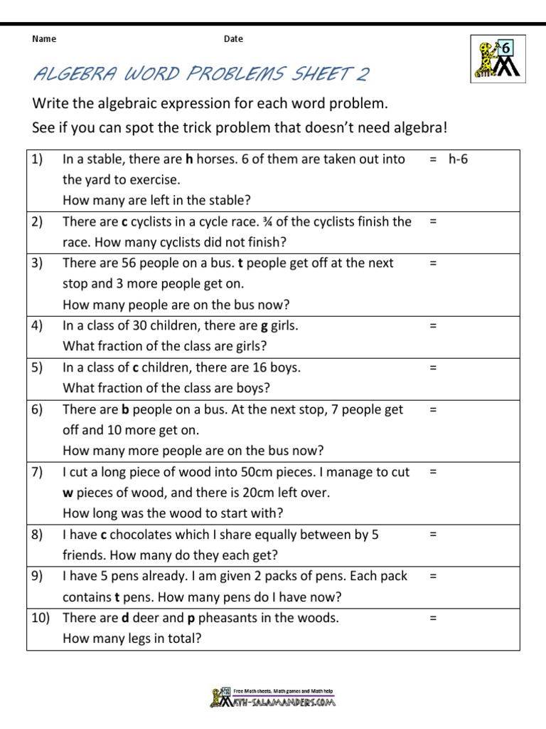 Algebra Word Problems Worksheet 2 | PDF | Algebra | Teaching Mathematics