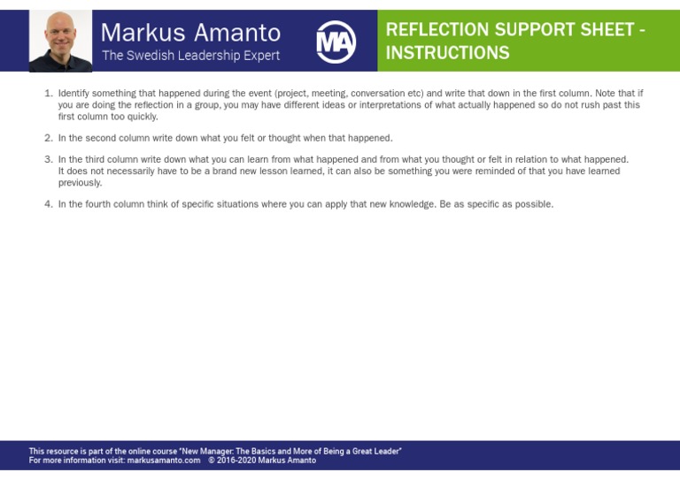 Markus Amanto: Reflection Support Sheet - Instructions | PDF
