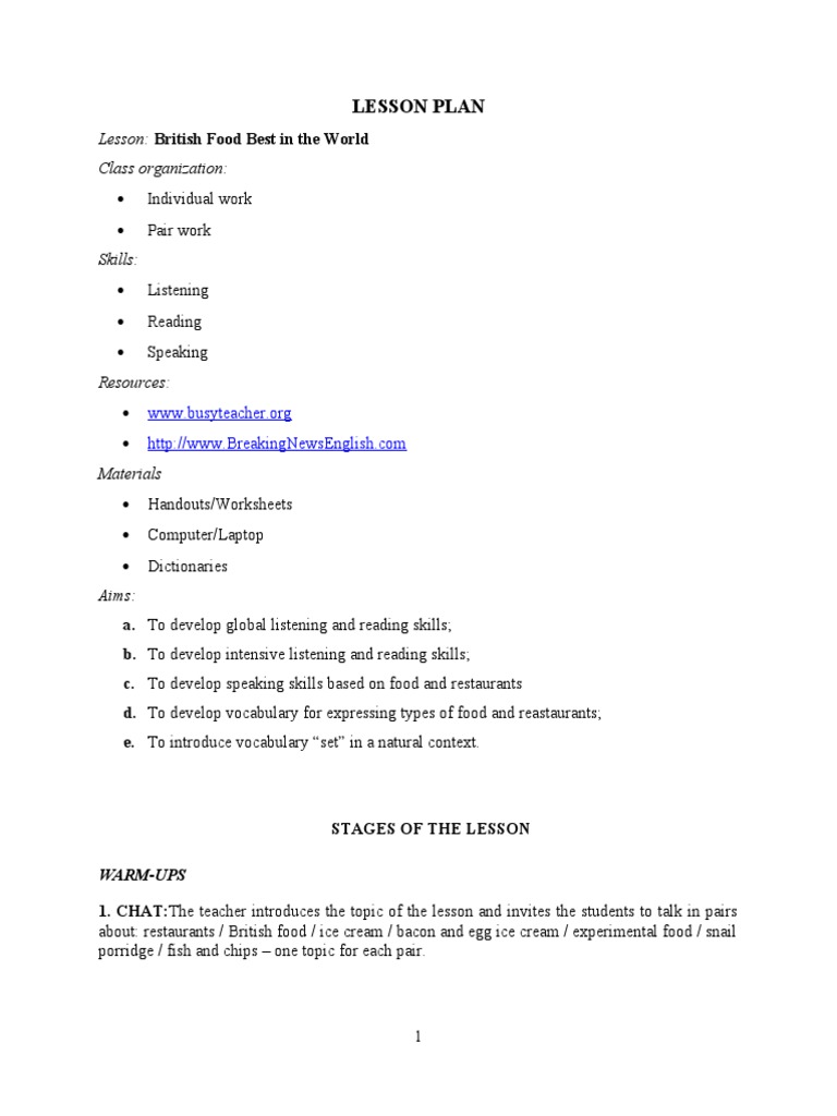 Lesson Plan British Food | PDF | Cooking | Cuisine
