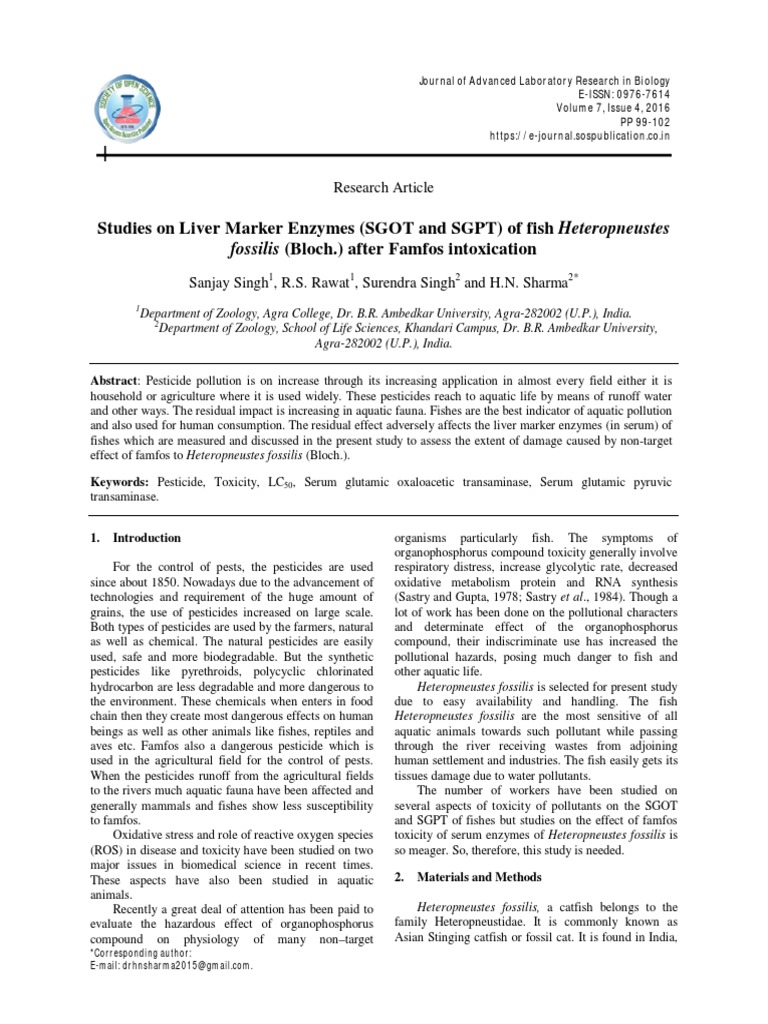 Studies On Liver Marker Enzymes (SGOT and SGPT) of Fish Heteropneustes