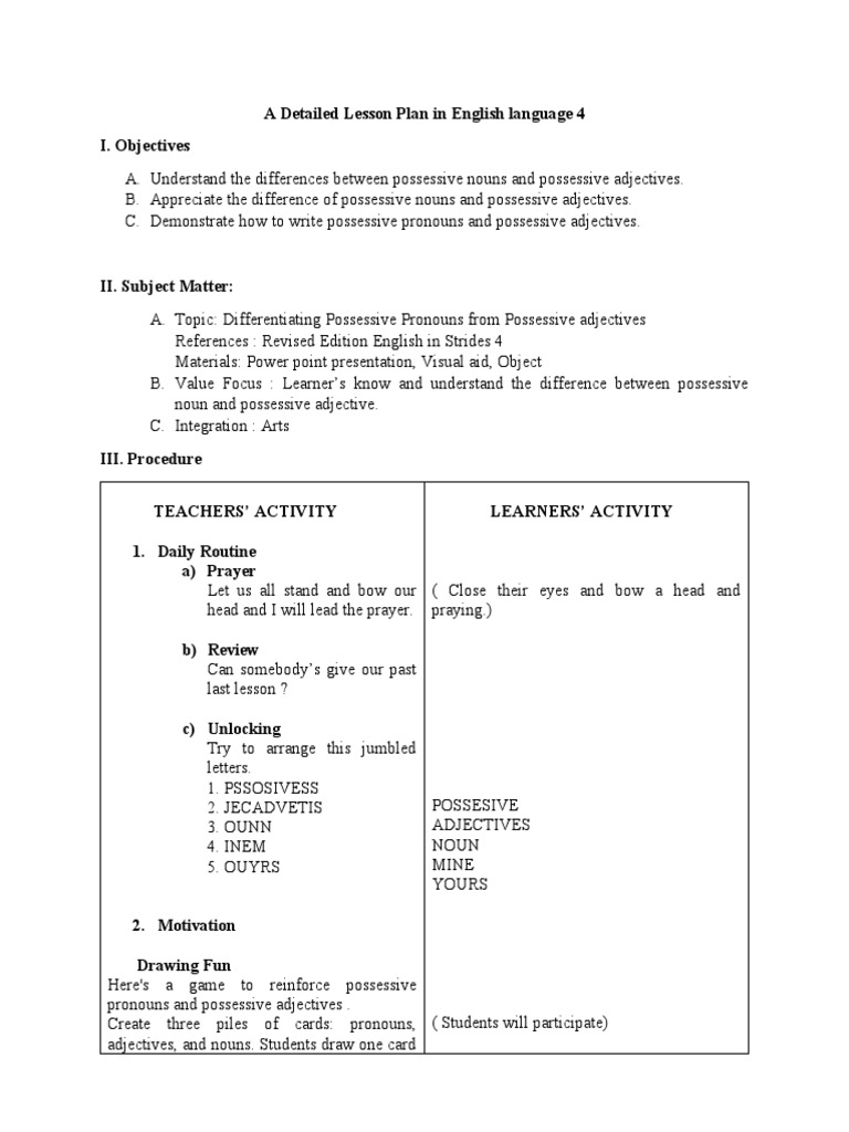 Lesson Plan in English Language | PDF | Grammatical Gender | Grammatical  Number