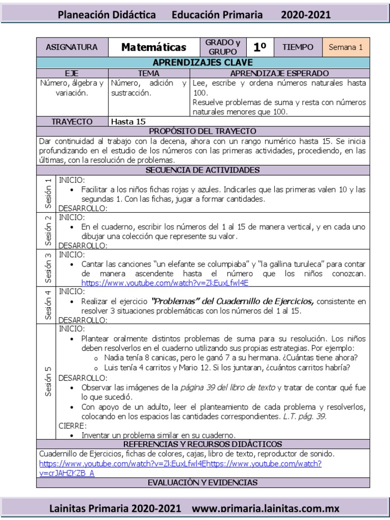 Planeación Didáctica Matemáticas 1º Primaria | PDF | Educación primaria ...