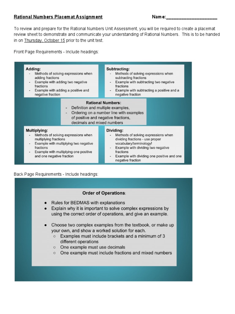 Rational Numbers Review Placemat Guide | PDF | Understanding | Rational ...