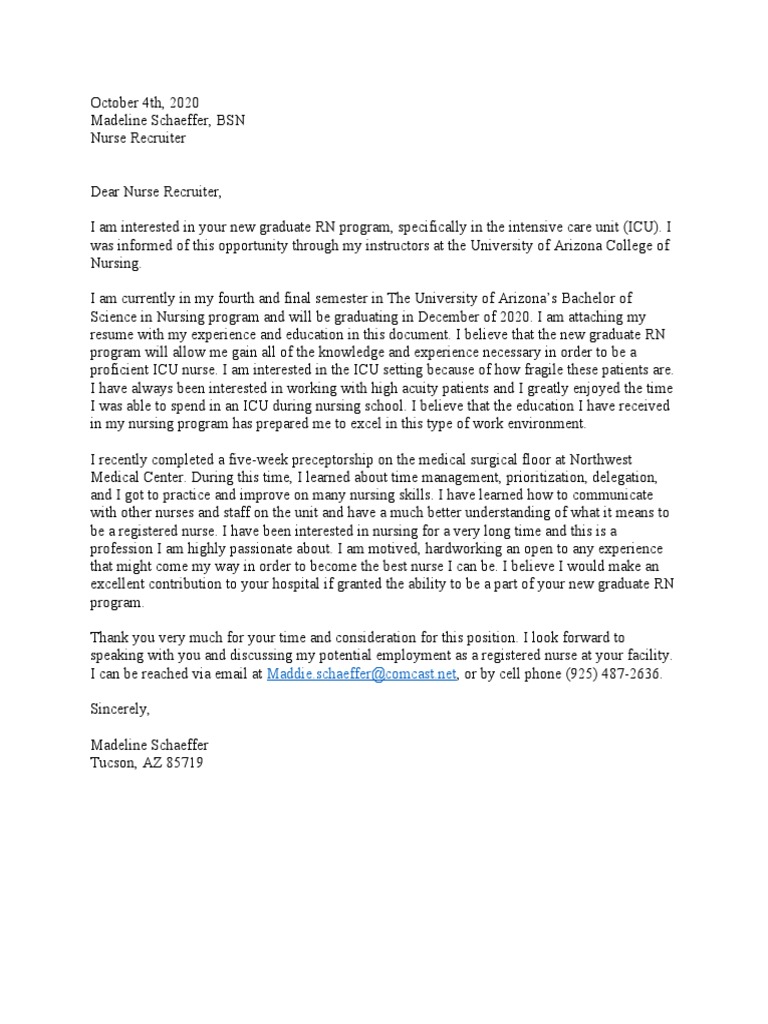 Madeline Schaeffer - BSN Cover Letter | PDF | Career & Growth | Wellness
