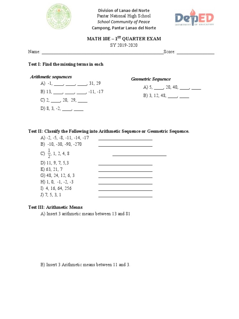 Math 10E 1st Quarter Exam Guide | PDF