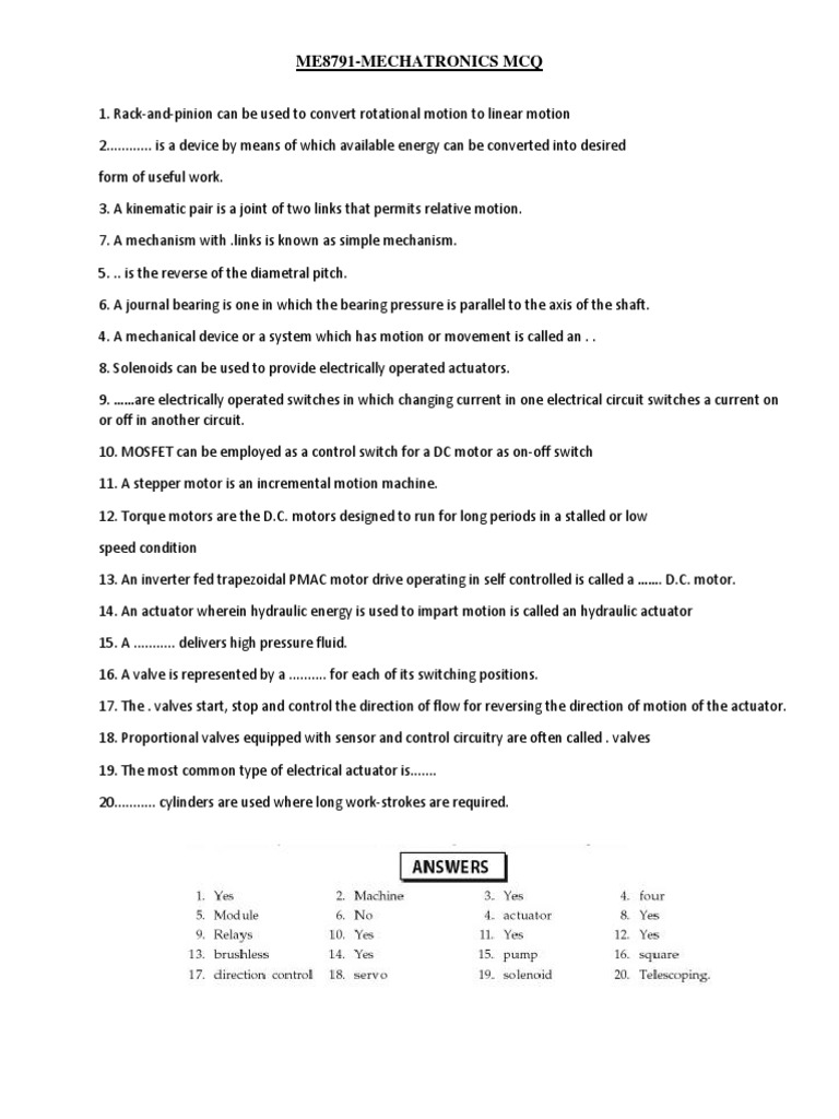 Me8791Mechatronics MCQ PDF Control Theory Electric Motor